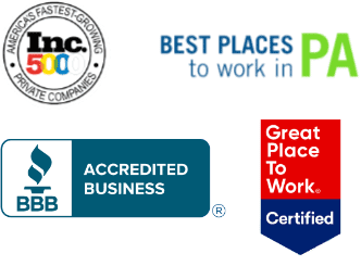 awards for inc 5000, best places to work in PA, Better Business Bureau, and great place to work certified.