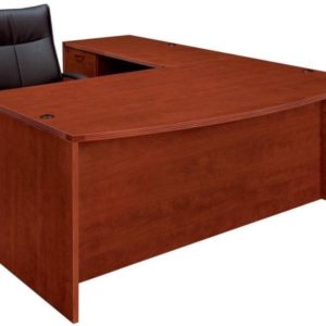 Newport cherry L-shaped bow front desk and black leather office chair