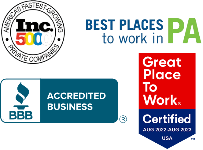 awards for inc 5000 best places to work in PA BBB and great place to work certified