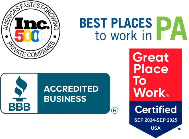 awards for inc 5000 best places to work in PA BBB and great place to work certified.